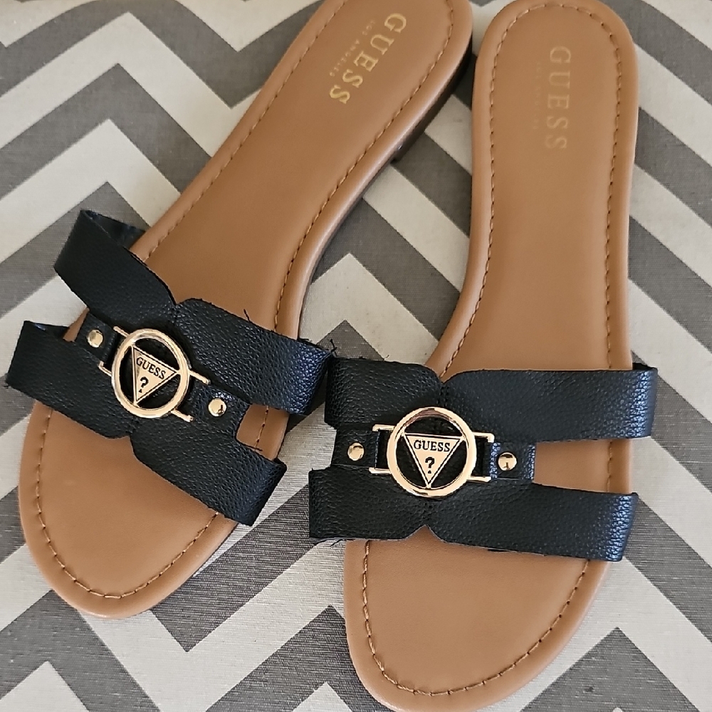 Guess Elegant Trendi Black and Tan Slide Sandals for Women Size 11